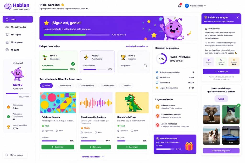 Captura de interfaz: Plataforma de ejercicios cognitivos